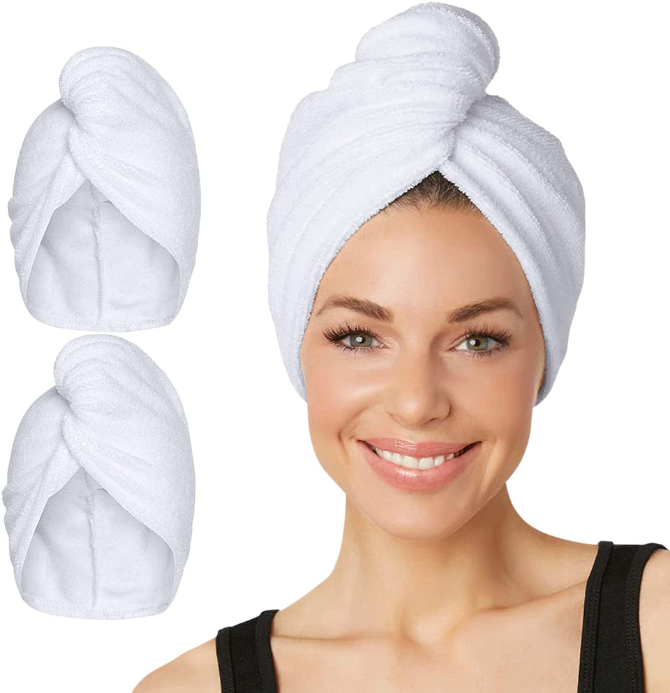 Turbie Twist front packaging showing two white towels and quick-dry benefit