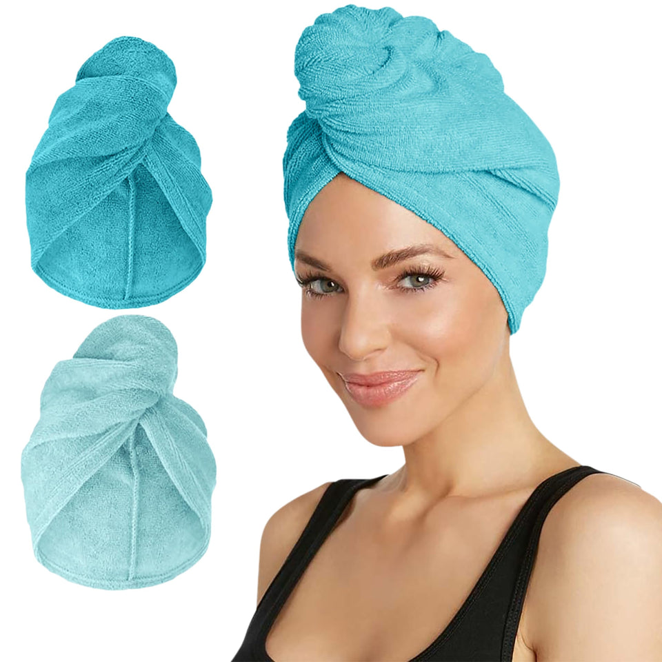 Turbie Twist front packaging showing two aqua towels and benefits