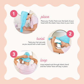 Turbie Twist on model wearing turban showing hands-free drying convenience