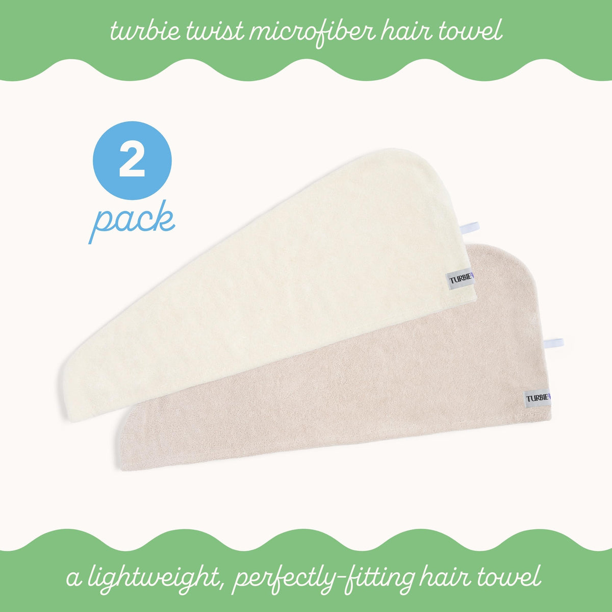 Turbie Twist on model demonstrating secure wet-hair wrap for hands-free drying benefit