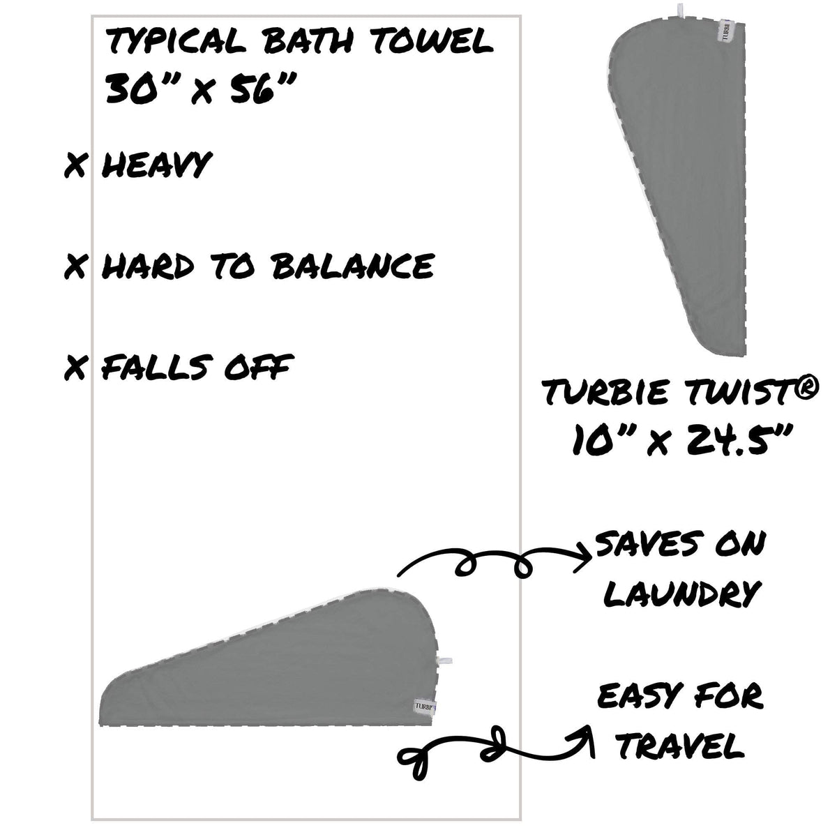 Turbie Twist twin towels on bathroom counter, versatile color options benefit