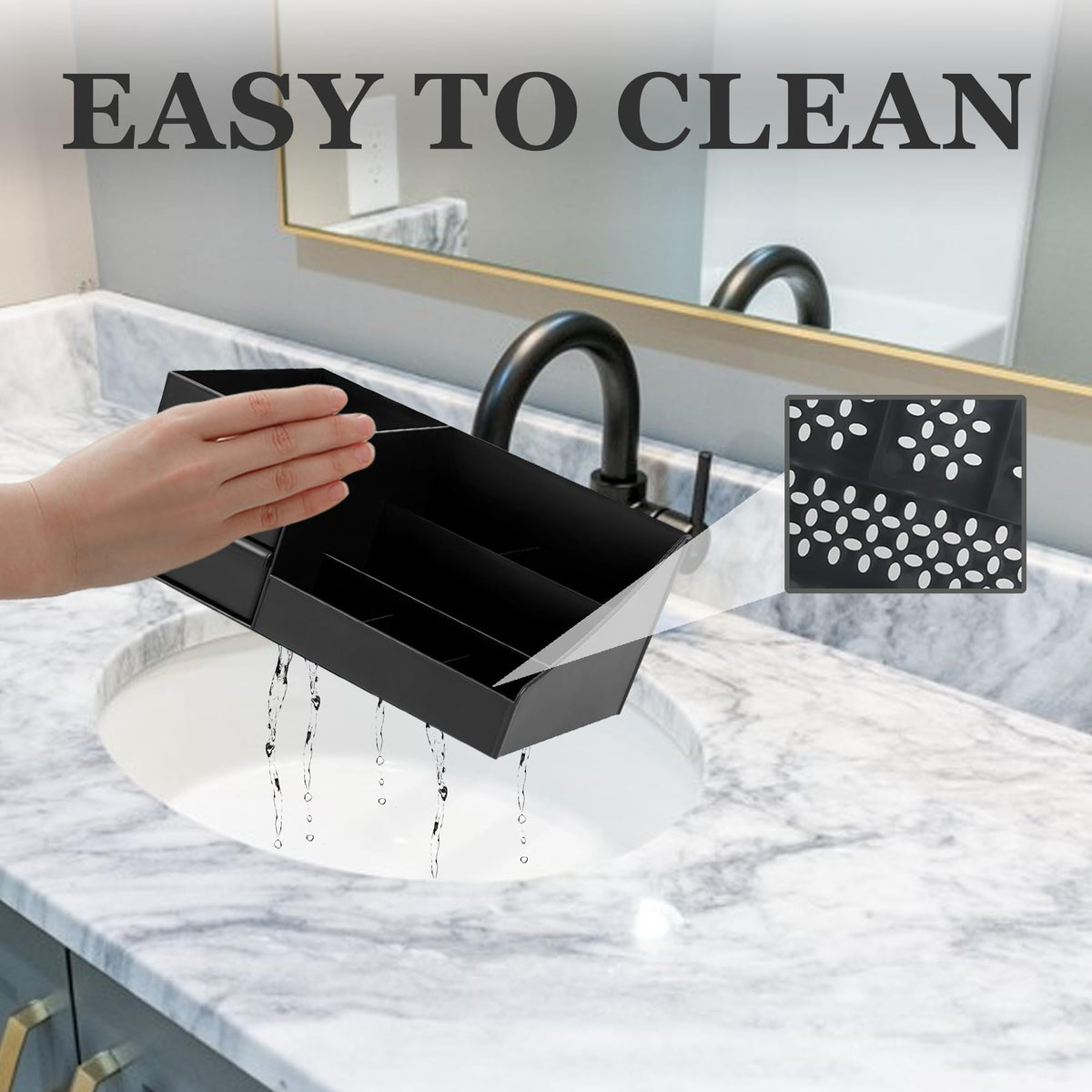 Turesmith placed on bathroom vanity demonstrating tidy counter and grooming efficiency benefit