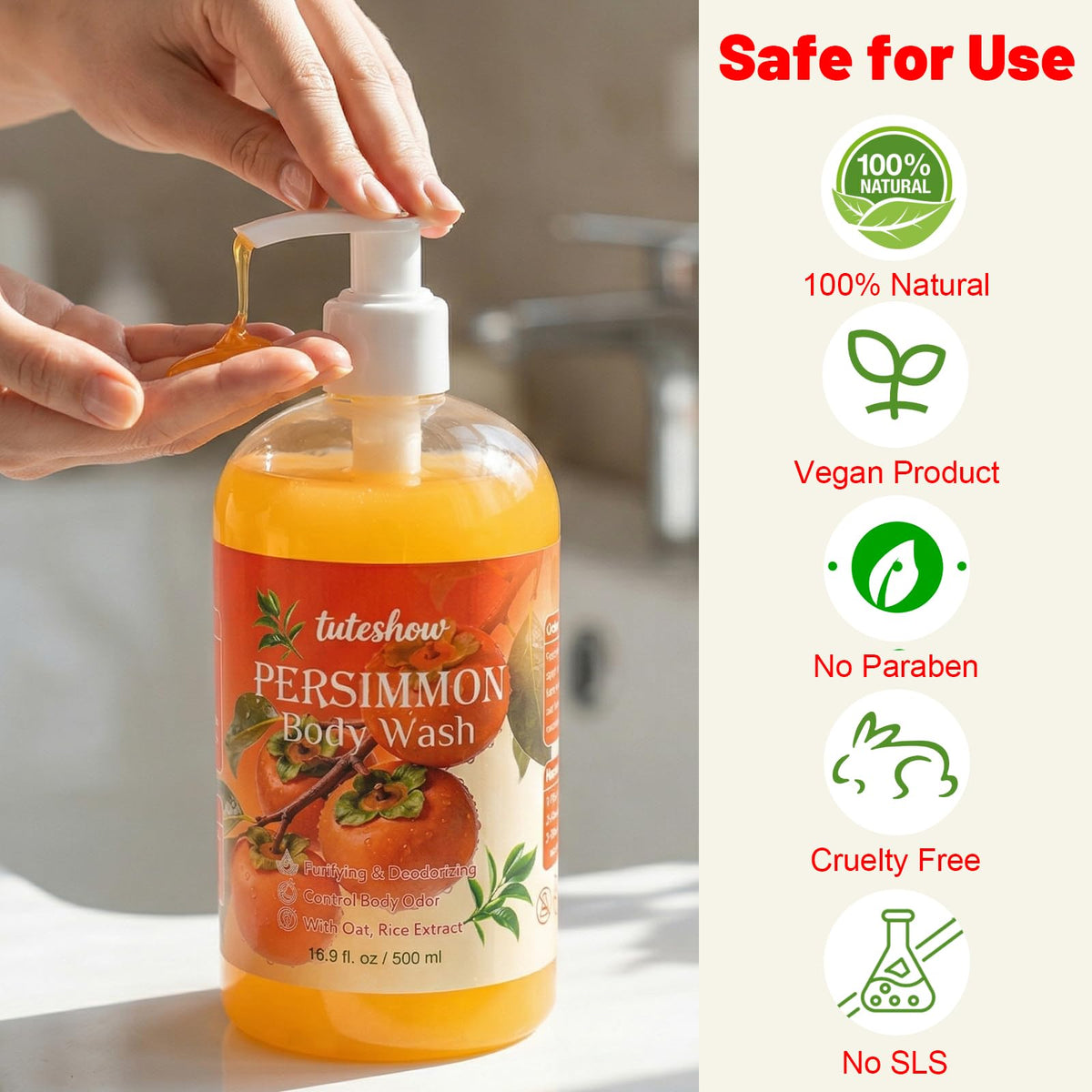 Tuteshow bottle staged in bathroom to convey daily routine convenience