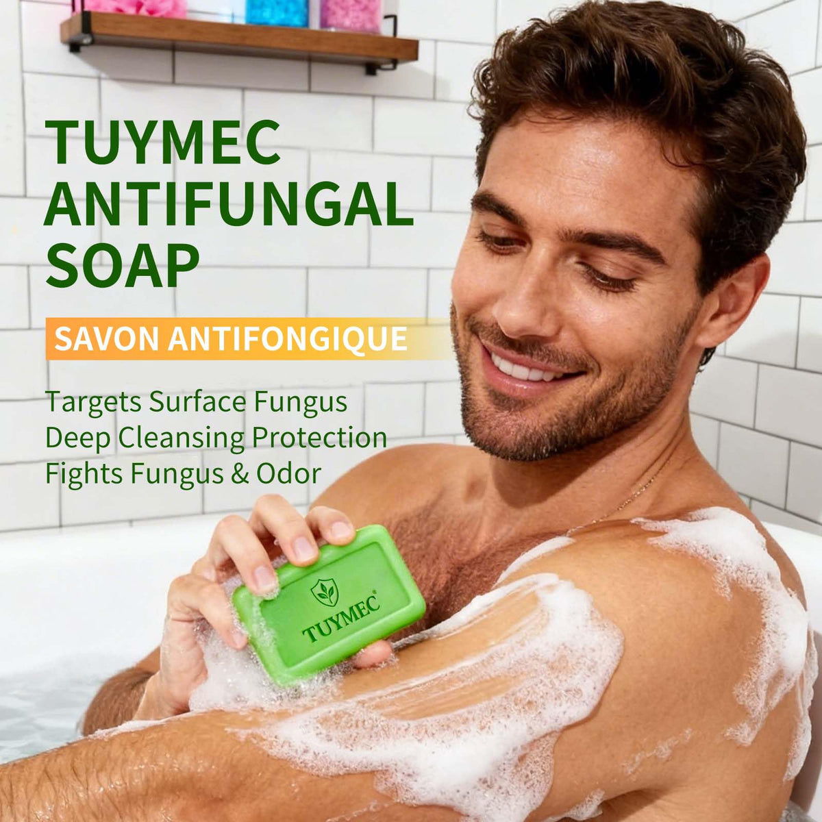 Tuymec soap being used on foot to help manage athlete’s foot