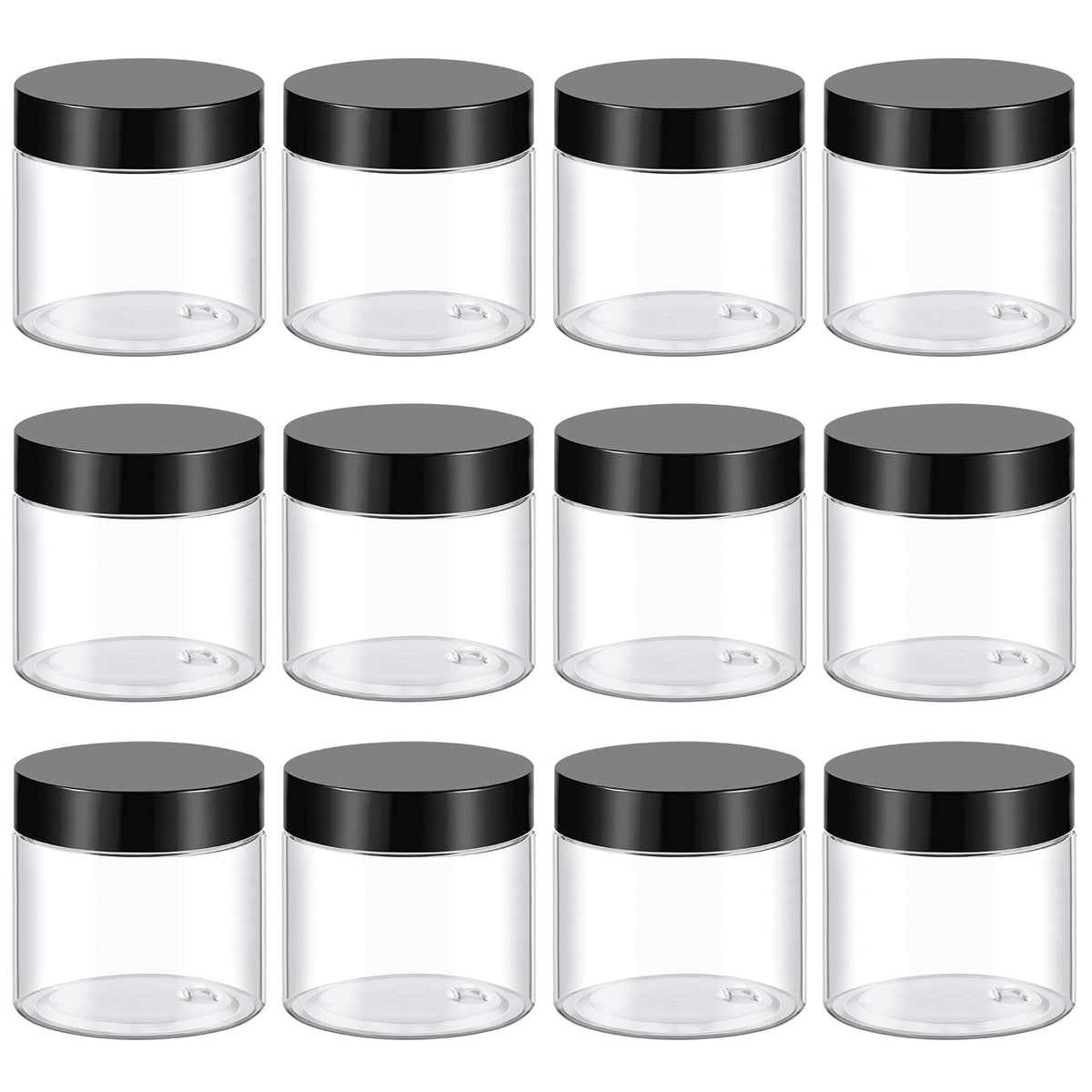 TUZAZO 12-pack front view showing clear jars and black lids for organized storage