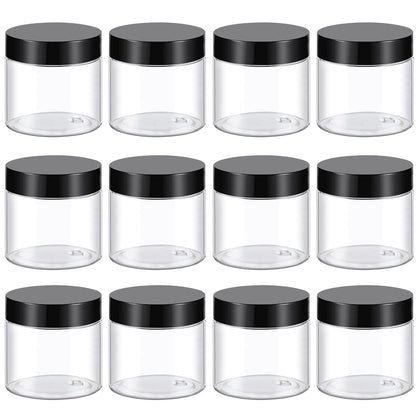 TUZAZO 12-pack front view showing clear jars and black lids for organized storage