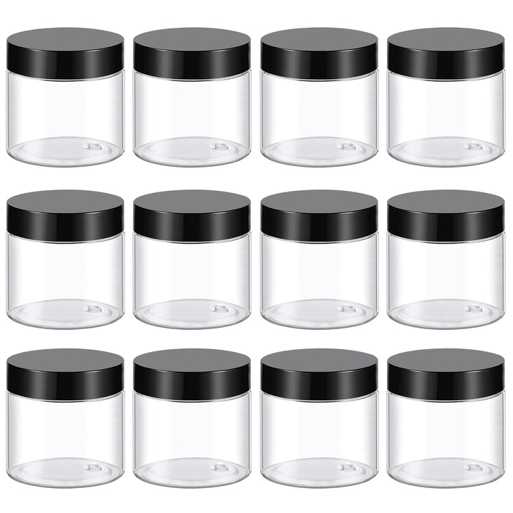 TUZAZO 12-pack front view showing clear jars and black lids for organized storage