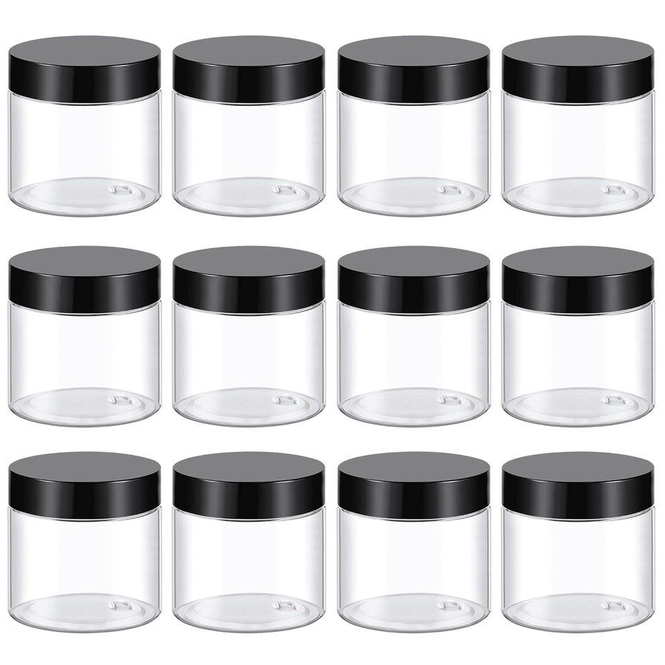 TUZAZO 12-pack front view showing clear jars and black lids for organized storage