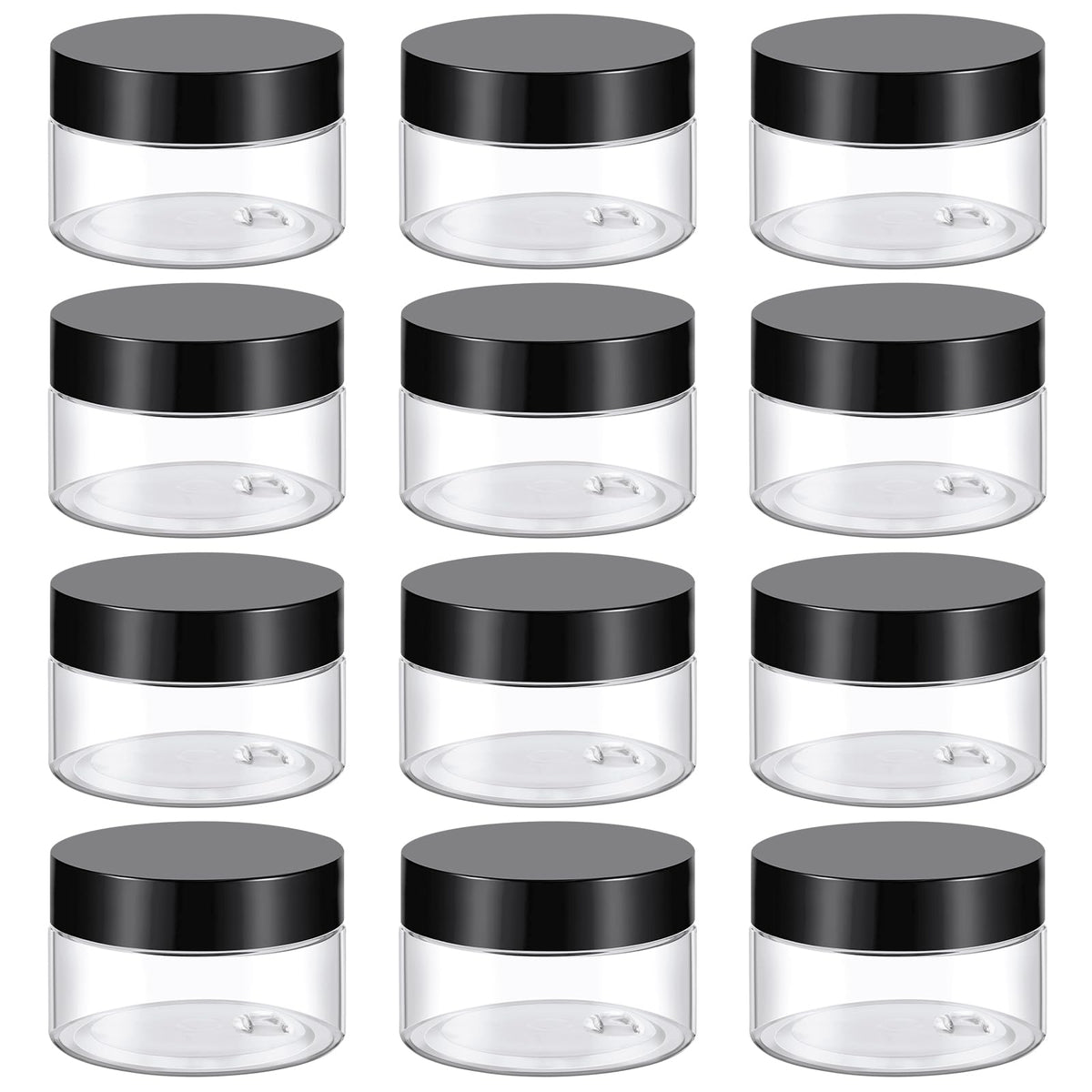 TUZAZO front view of 12-pack clear jars showing lids and labels for neat storage