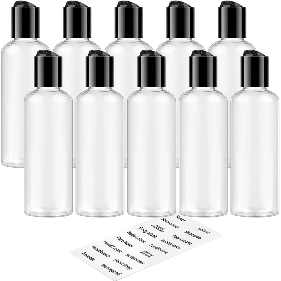 TUZAZO front view of ten clear travel bottles showing organized kit benefit