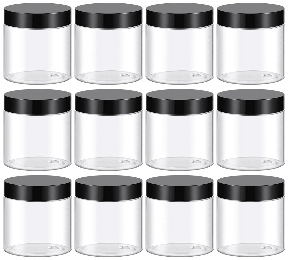 TUZAZO front view of 12-pack jars showing clear containers and black lids for neat storage