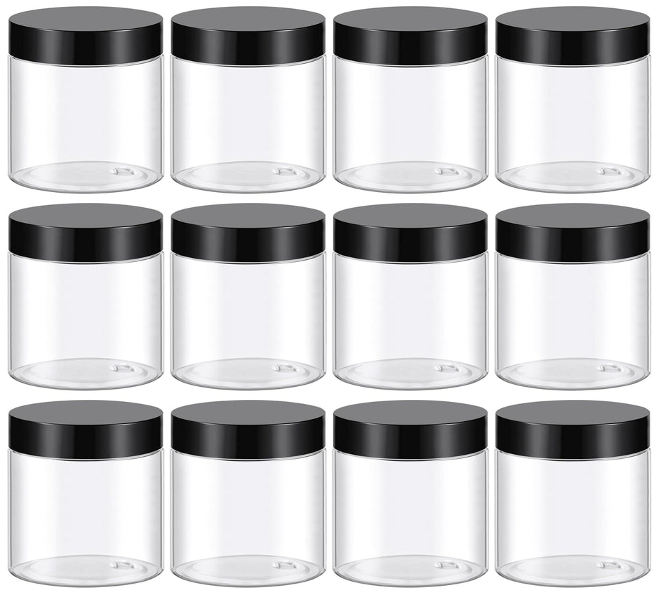 TUZAZO front view of 12-pack jars showing clear containers and black lids for neat storage