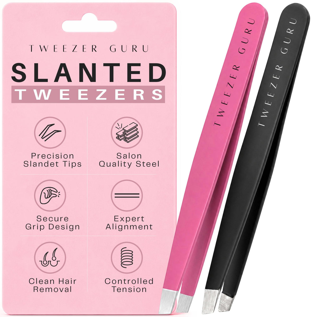 TWEEZER GURU front packaging shows black and pink tweezers and protective sleeve, clear presentation benefit