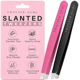 TWEEZER GURU front packaging shows black and pink tweezers and protective sleeve, clear presentation benefit