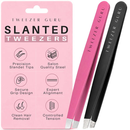 TWEEZER GURU front packaging shows black and pink tweezers and protective sleeve, clear presentation benefit