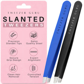 TWEEZER GURU front packaging showing two tweezers and protective sleeves, convenient travel set