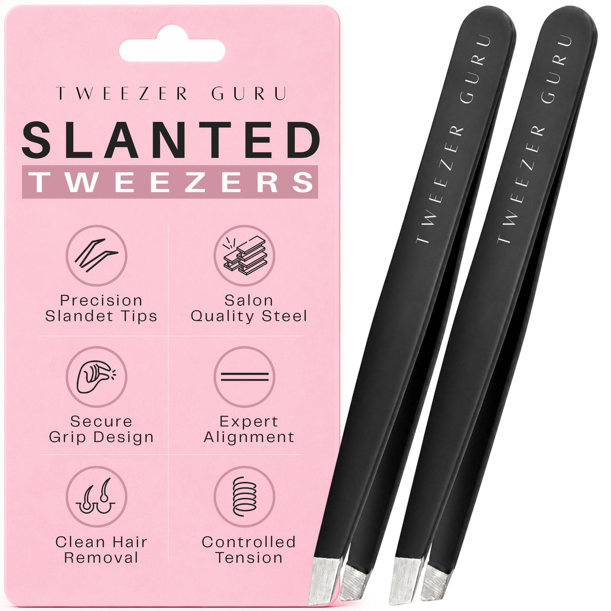 TWEEZER GURU front packaging showing two black slant tweezers for precision grooming