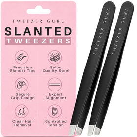 TWEEZER GURU front packaging showing two black slant tweezers for precision grooming