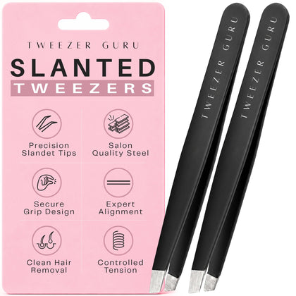 TWEEZER GURU front packaging showing two black slant tweezers for precision grooming
