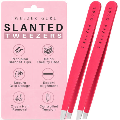 TWEEZER GURU front packaging showing two bright pink tweezers and sleeve, clear identification benefit