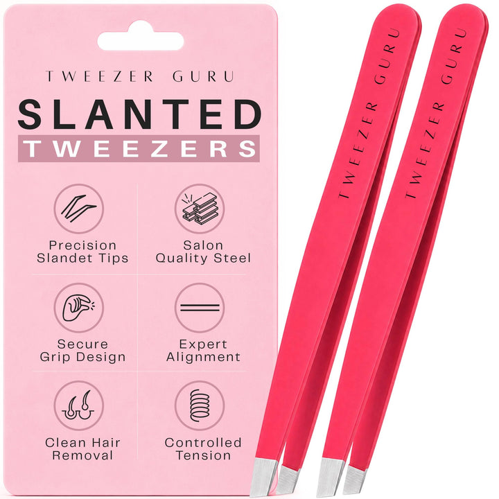TWEEZER GURU front packaging showing two bright pink tweezers and sleeve, clear identification benefit