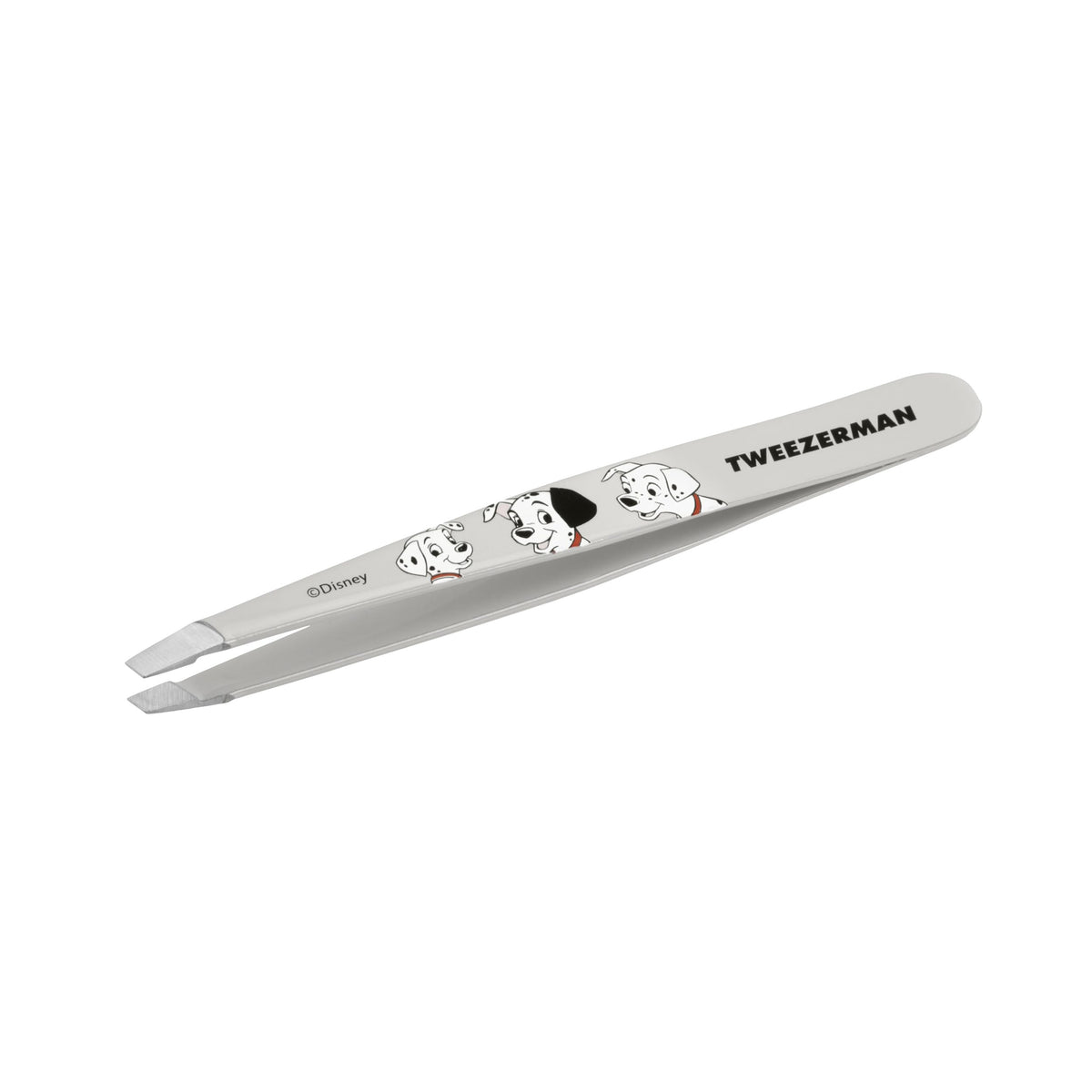 Tweezerman front view showing 101 Dalmatians design and precise slant tips for accurate grooming