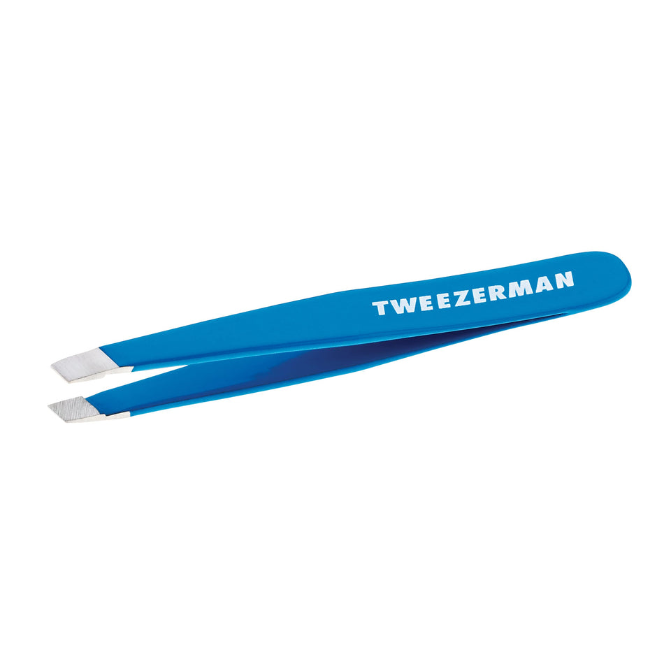 Tweezerman Bahama Blue front view showing compact travel-friendly tweezer