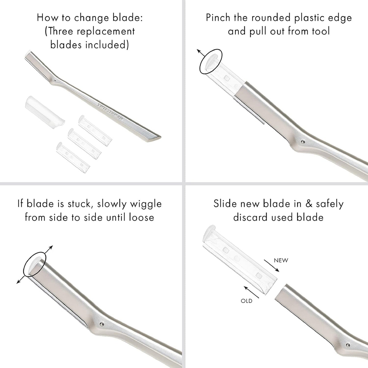 Tweezerman blade close-up edge detail highlighting stainless-steel sharpness benefit