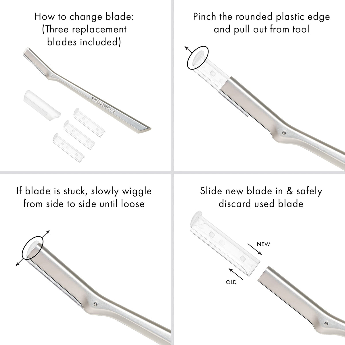 Tweezerman blades with safety cap size comparison showing safe storage benefit