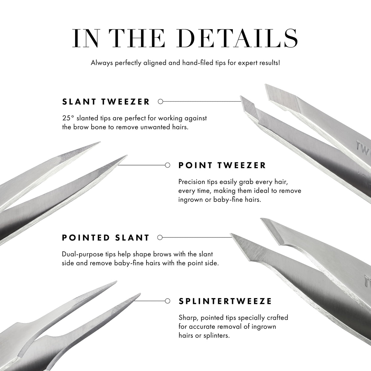 Tweezerman spoolie bristles detail that blends product for a natural feathered look