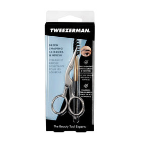 Tweezerman brush lifting brow hairs to reveal lengths for targeted trimming