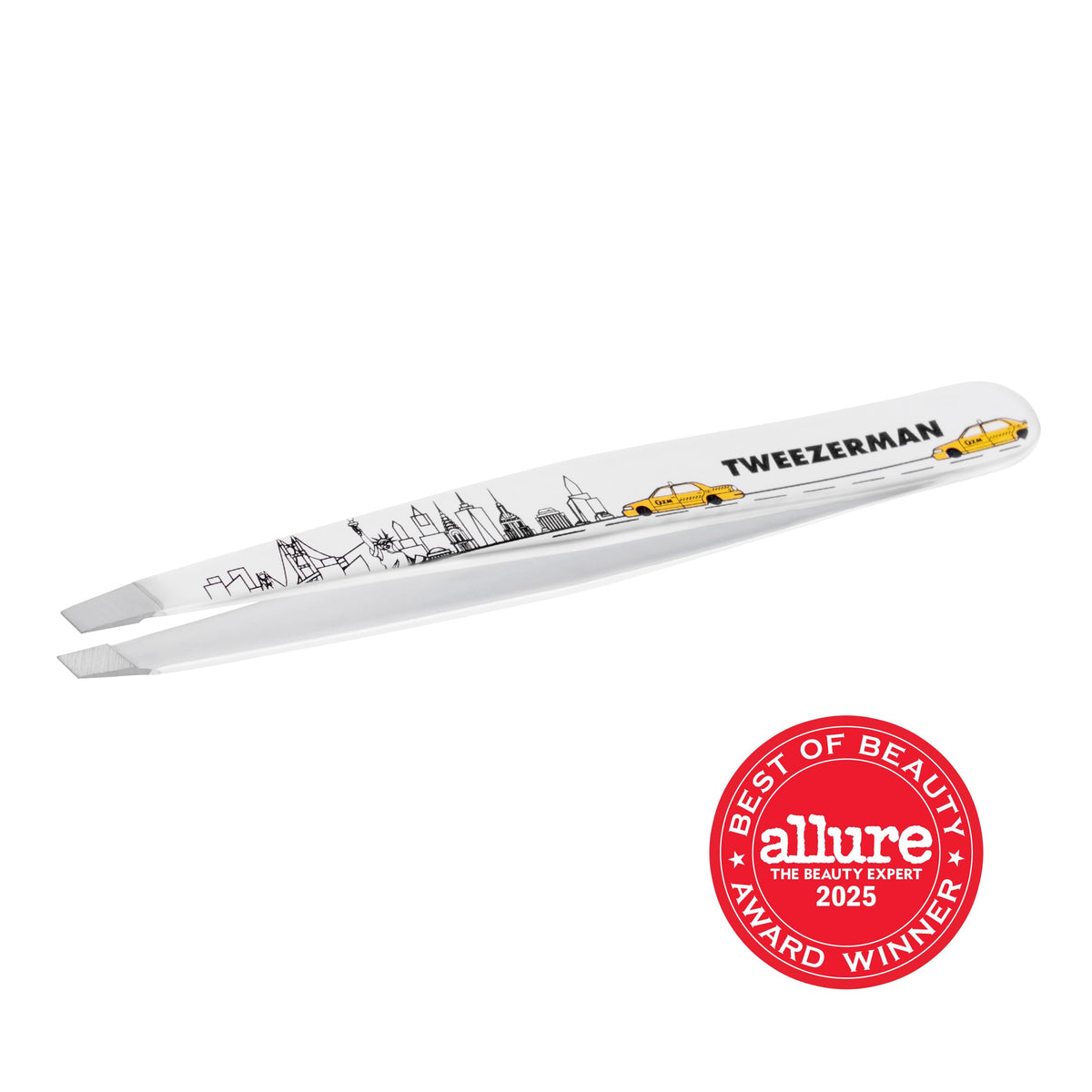 Tweezerman close-up of hand-filed slant tip for precise hair removal