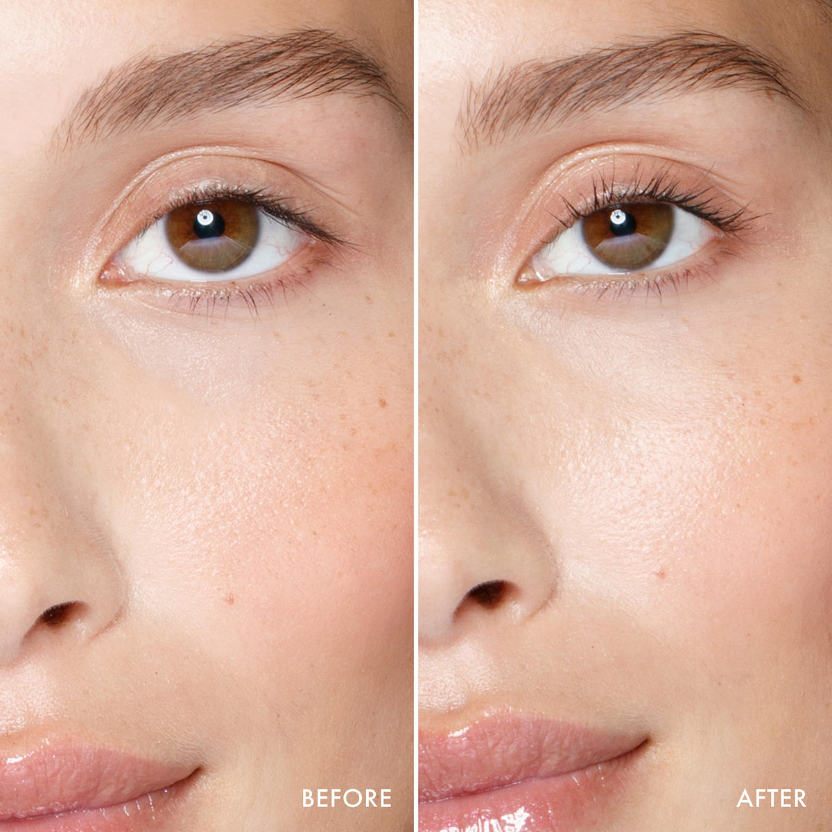Tweezerman curler clamping natural lashes to create lifted wide-awake look