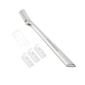 Tweezerman eyebrow razor front view showing stainless steel blade and handle for precise shaping