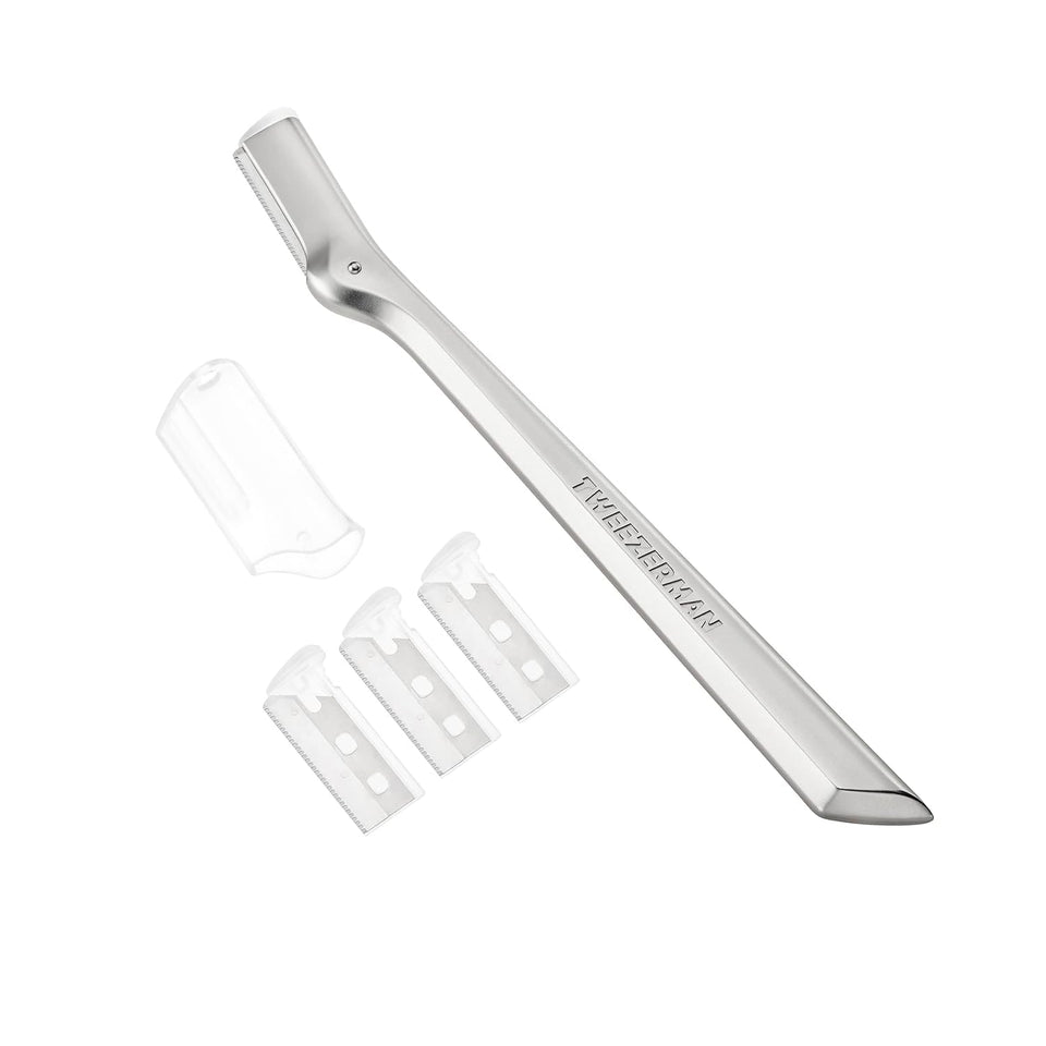 Tweezerman eyebrow razor front view showing stainless steel blade and handle for precise shaping