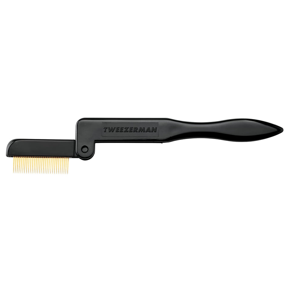 Tweezerman folding iLashComb front view showing compact black handle for tidy storage