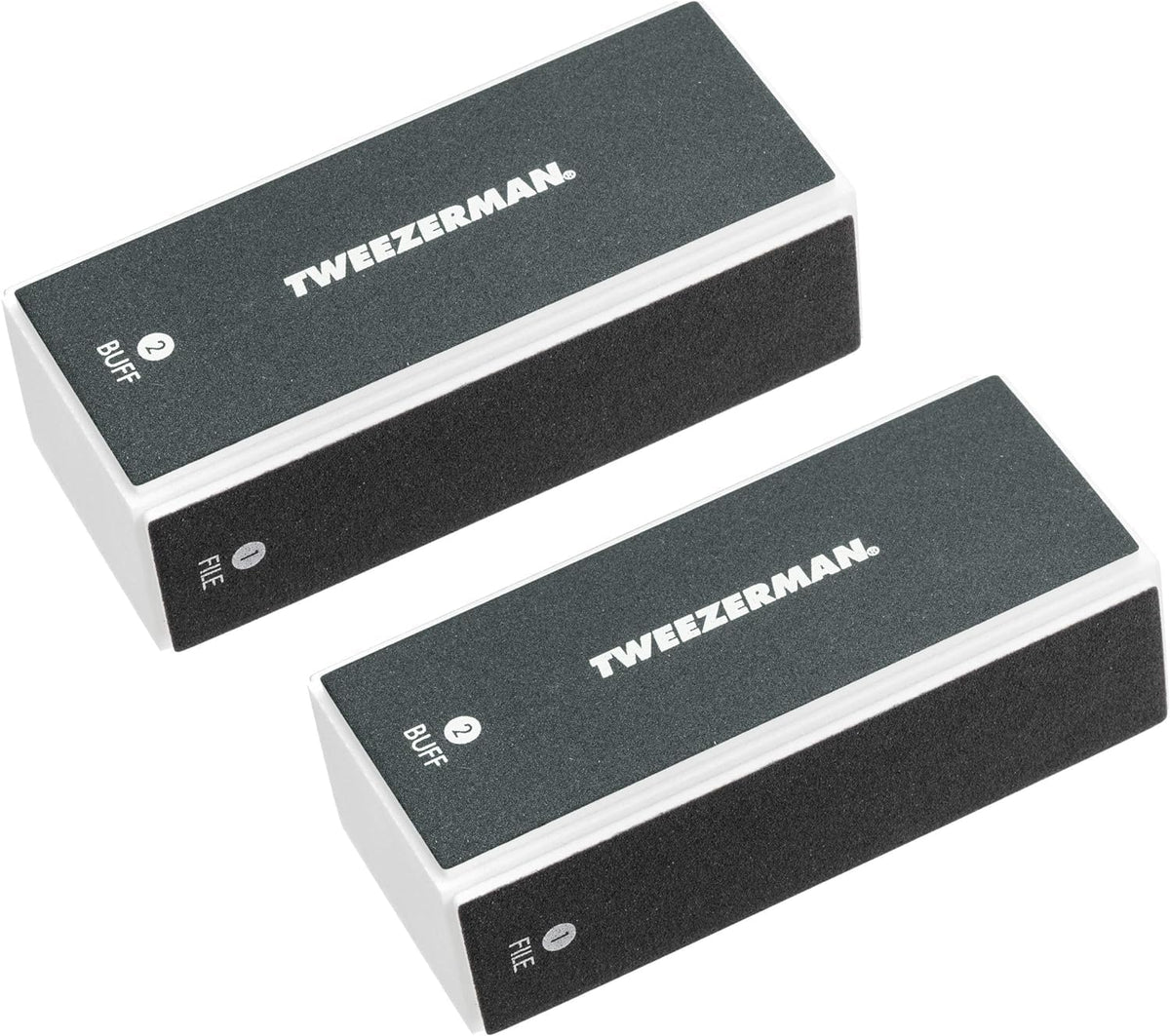 Tweezerman front view of two black nail buff blocks showing packaging and purpose