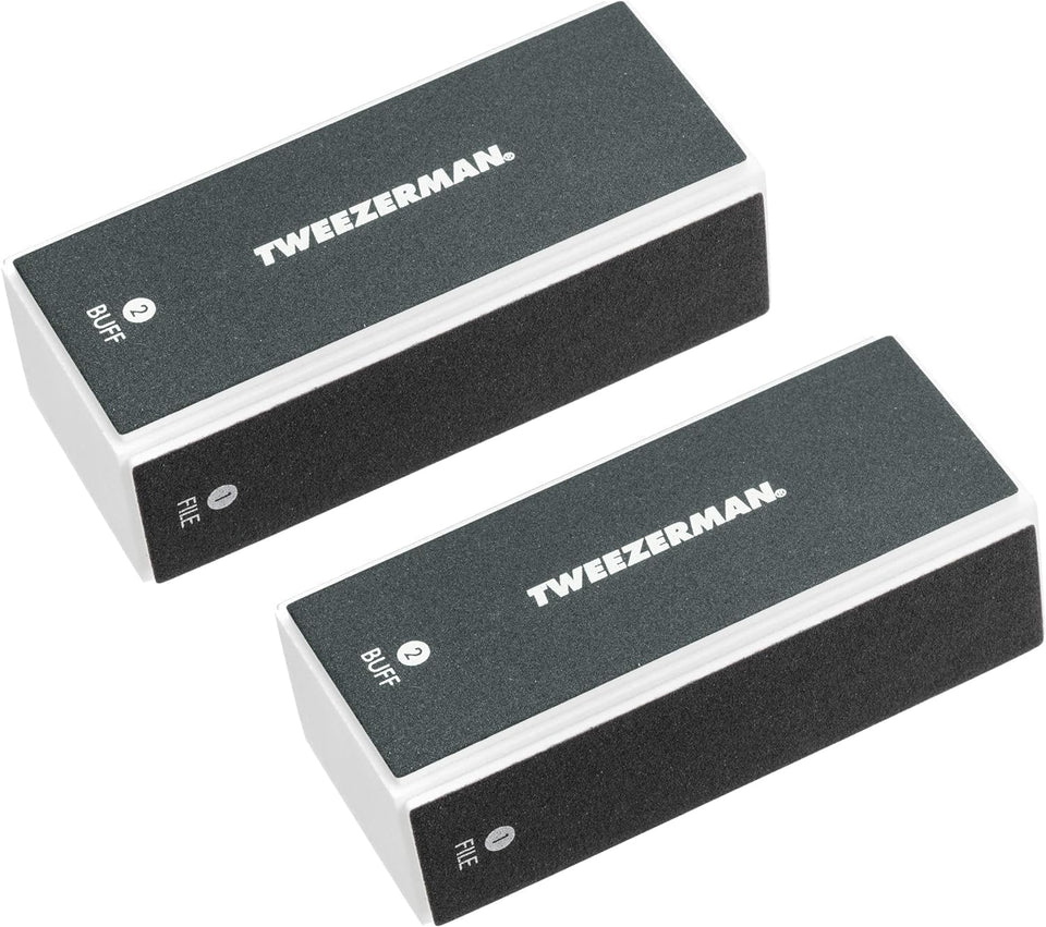 Tweezerman front view of two black nail buff blocks showing packaging and purpose