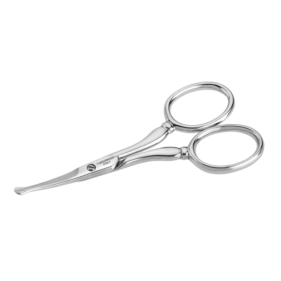 Tweezerman front view of scissors showing ergonomic handles and compact design for safe grooming