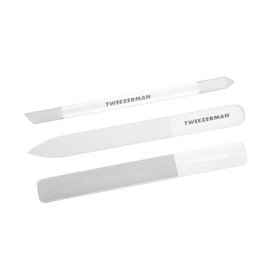 Tweezerman front packaging showing the complete glass nailcare set for durable at-home care