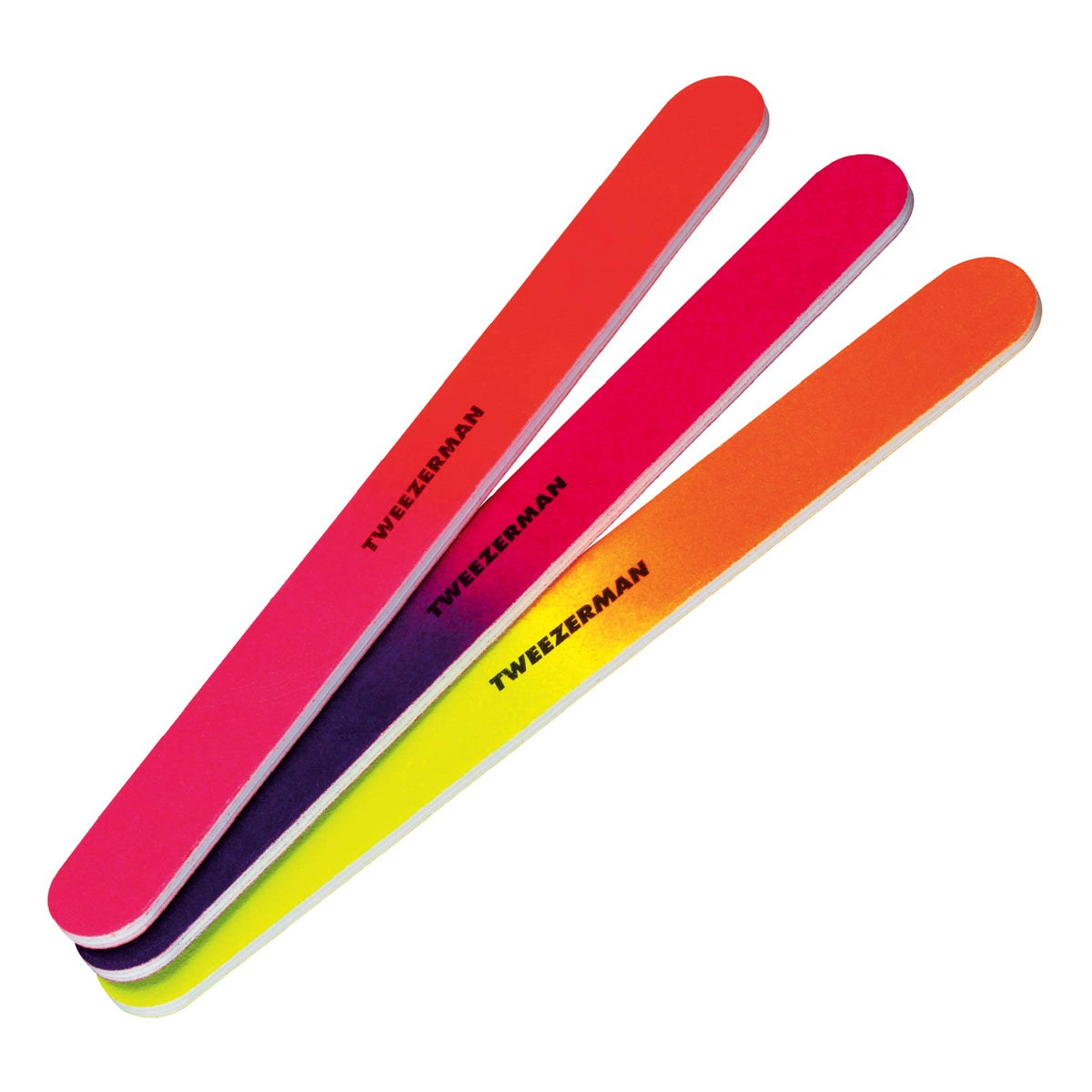 Tweezerman front packaging showing neon file trio and travel case for easy grooming