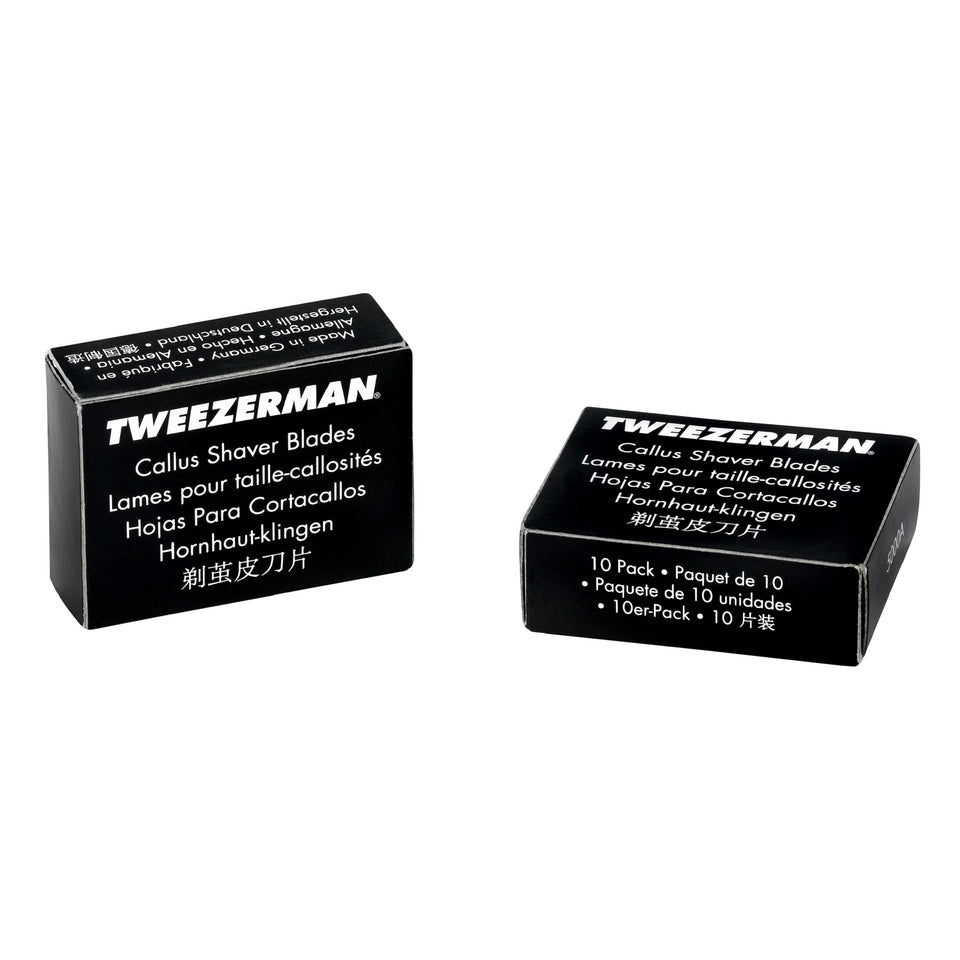 Tweezerman front packaging showing 20 replacement callus blades for reliable readiness