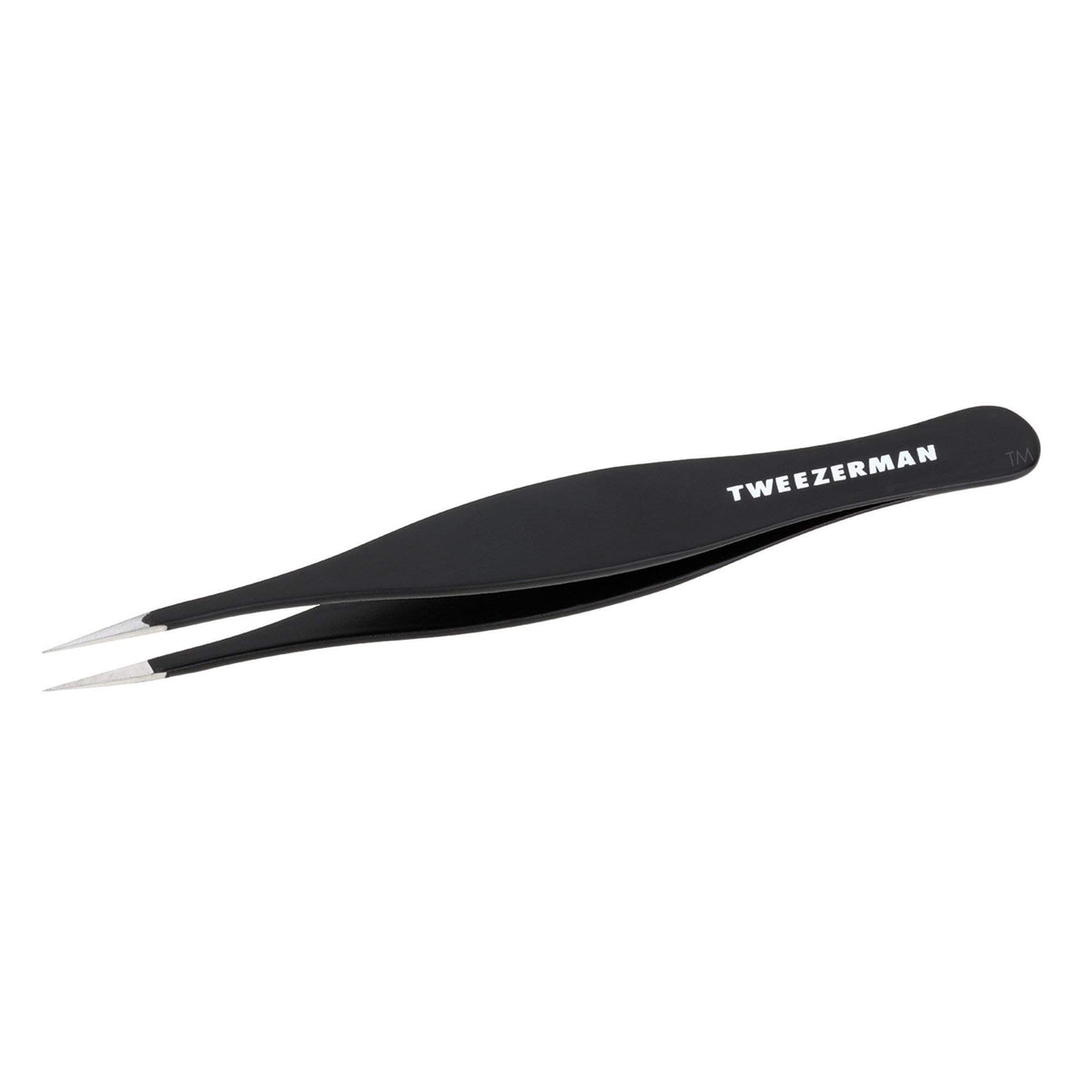 Tweezerman front view showing compact tweezer and packaging, precise tool for safe removal