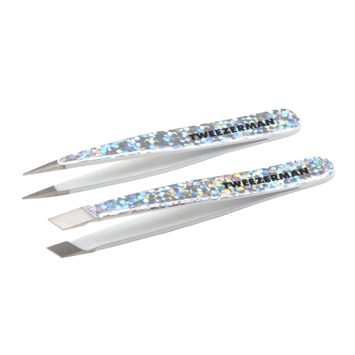Tweezerman festive hollygraphic front packaging showing both micro mini tweezers and benefits