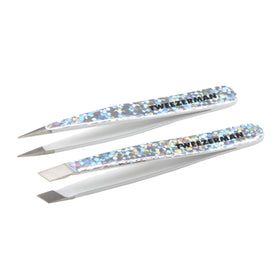 Tweezerman festive hollygraphic front packaging showing both micro mini tweezers and benefits