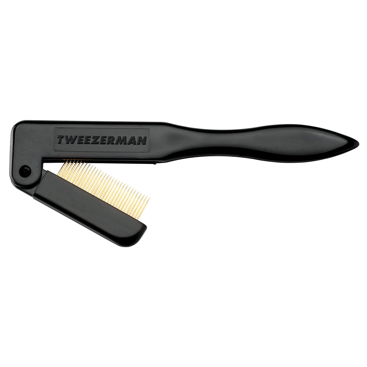 Tweezerman iLashComb beside lipstick illustrating compact travel size and protection