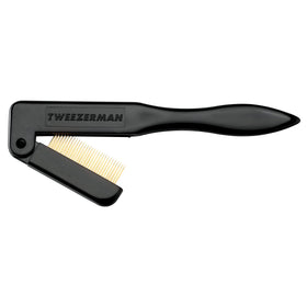 Tweezerman iLashComb beside lipstick illustrating compact travel size and protection