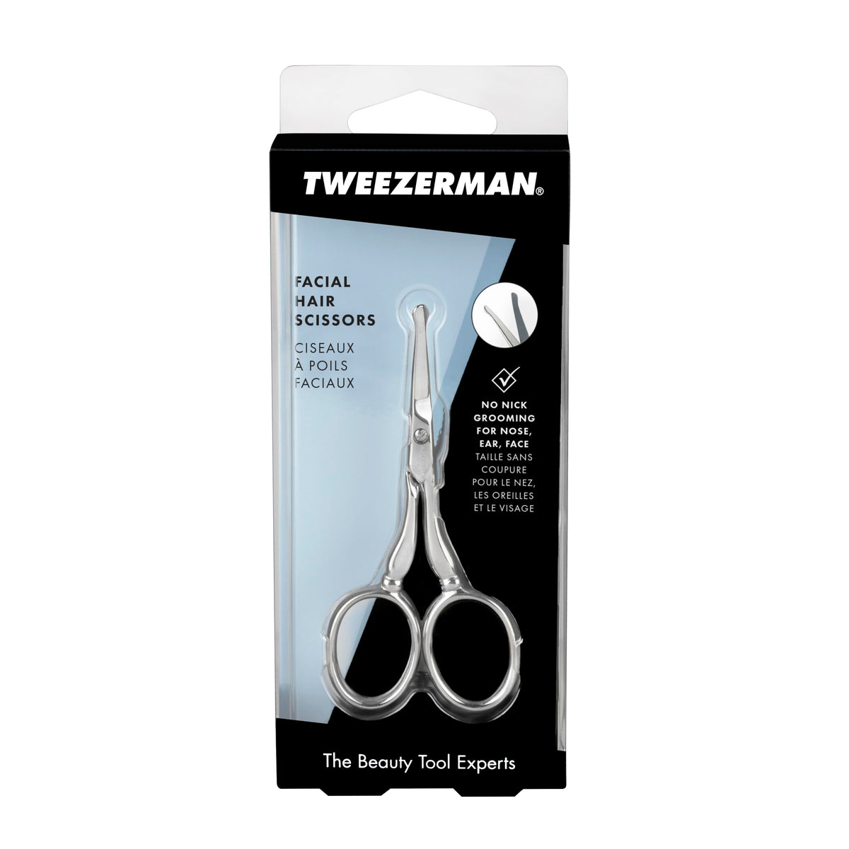 Tweezerman scissors in use trimming nose hair safely for neat personal grooming