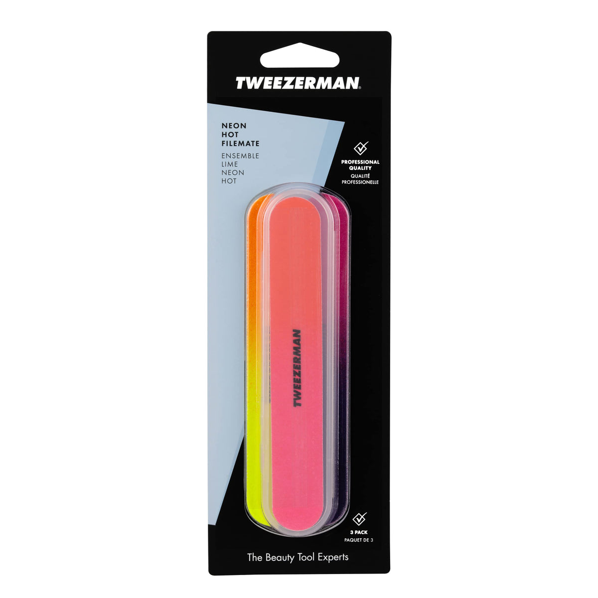 Tweezerman Filemates in a beauty bag at a styling station for travel-ready grooming