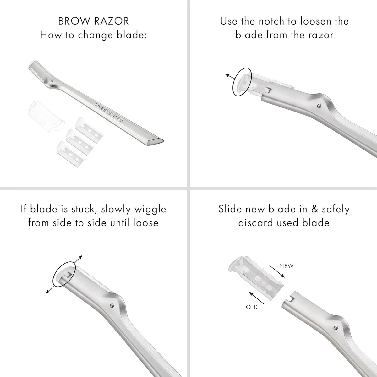 Tweezerman razor used on eyebrow in a bathroom setting for quick, on-the-go brow maintenance